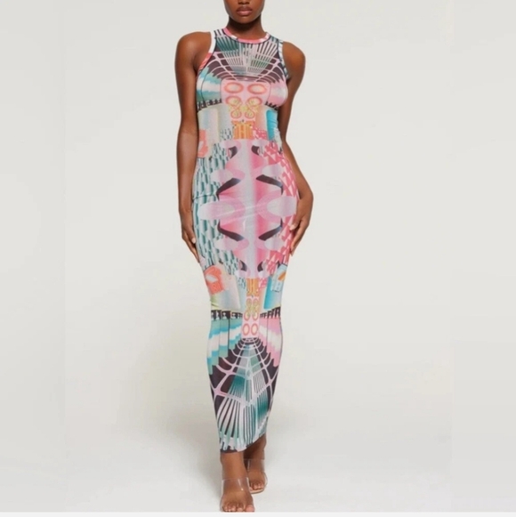 SKIMS Dresses & Skirts - SKIMS High Neck Summer Mesh Long Maxi Dress Stretchy Deco Train